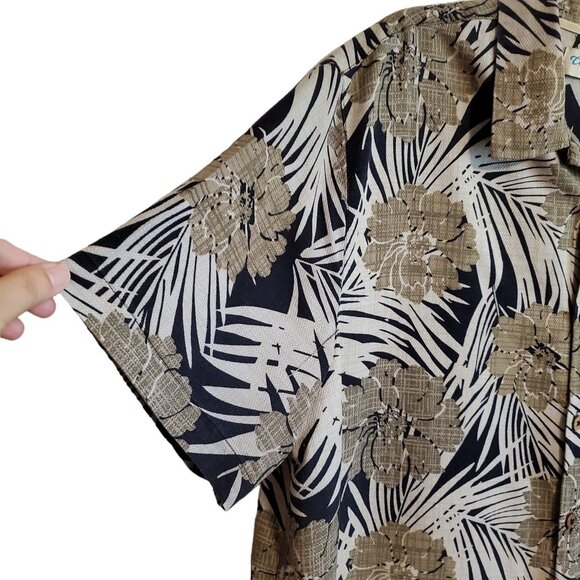 Caribbean Pure Silk Hawaiian Coastal Navy and Tan Wood Button Up Shirt XL - Picture 5 of 15